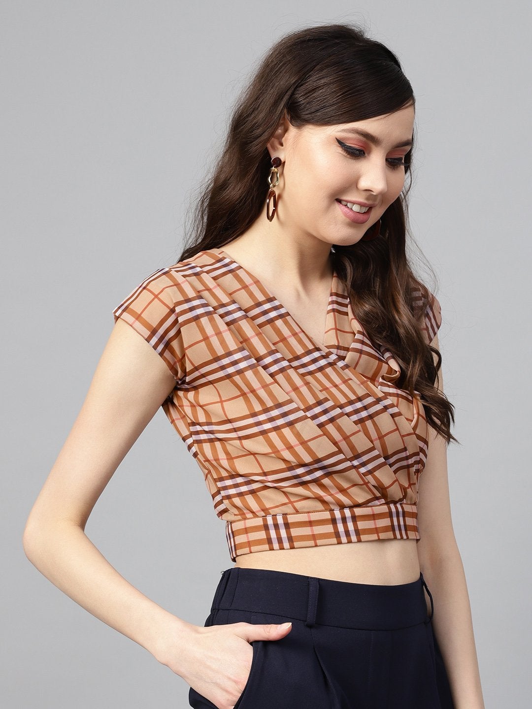 Women's Brown Check Pleated Front Crop Top