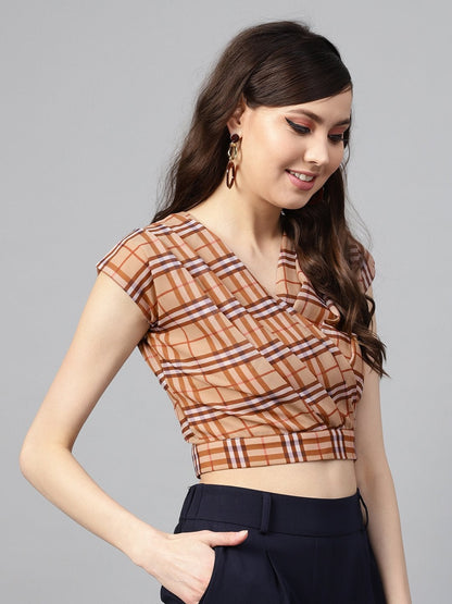 Women's Brown Check Pleated Front Crop Top