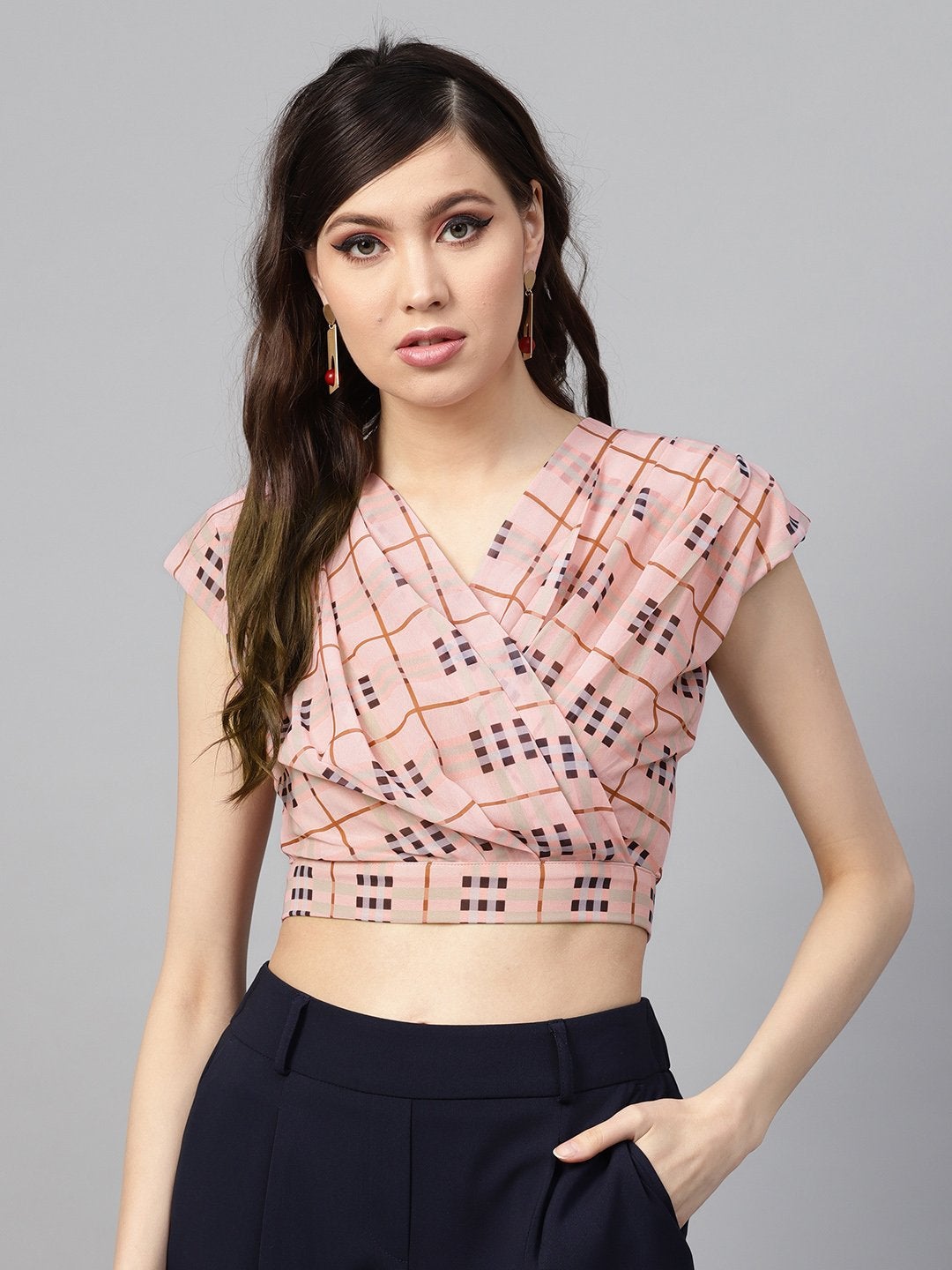 Women's Pink Check Pleated Front Crop Top