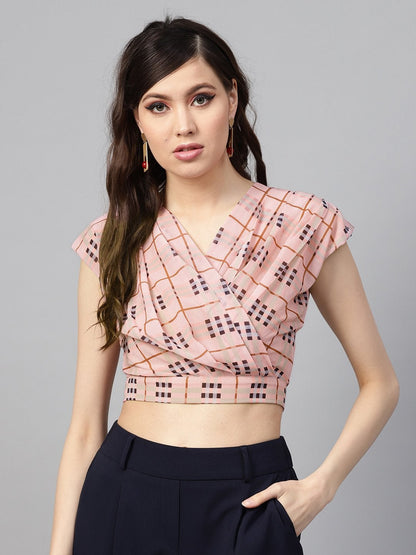 Women's Pink Check Pleated Front Crop Top