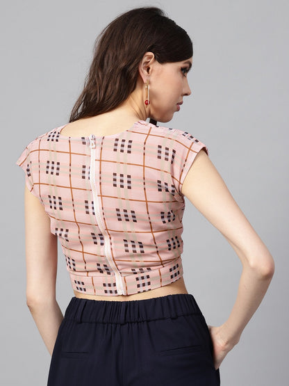 Women's Pink Check Pleated Front Crop Top