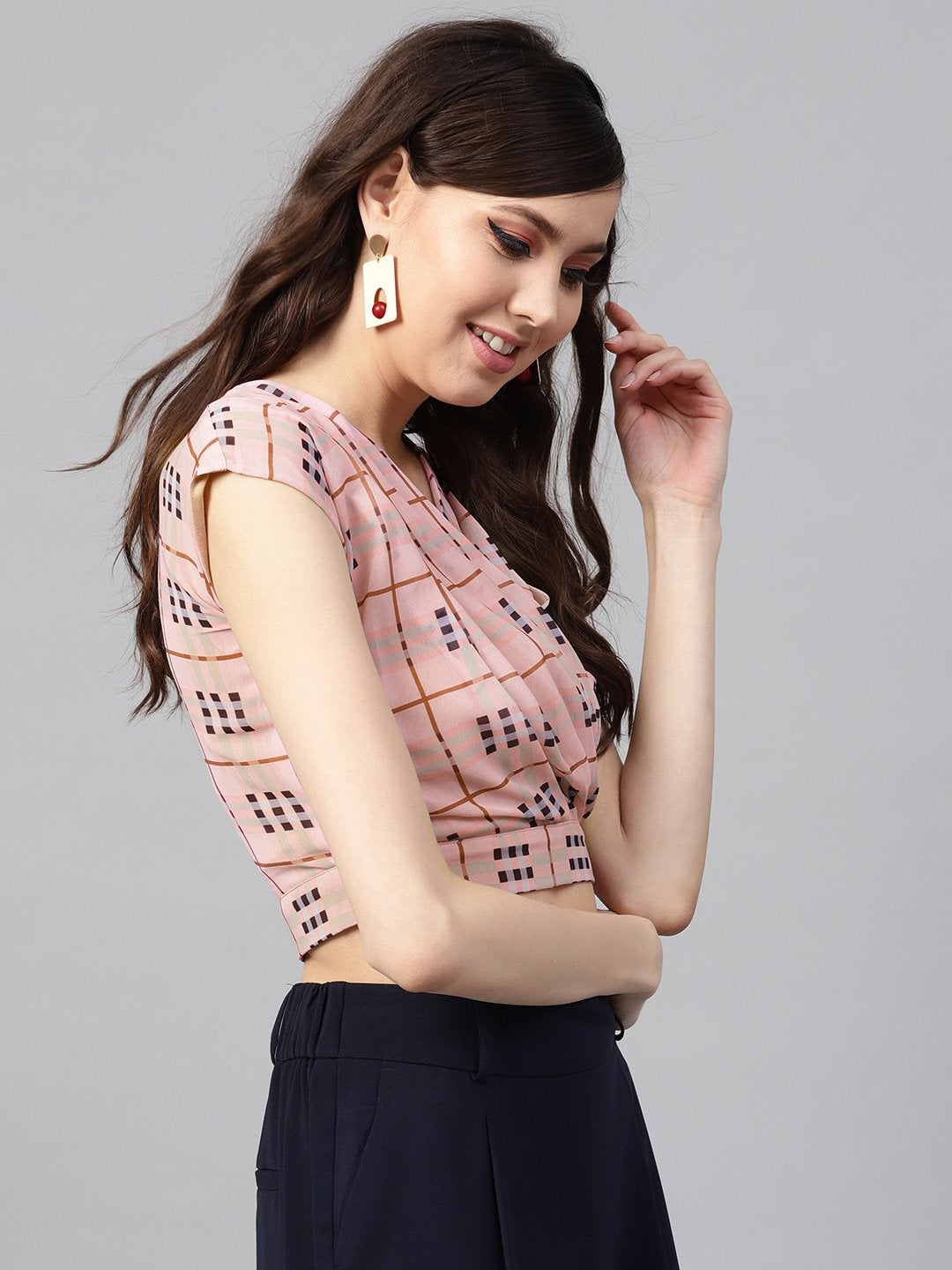 Women's Pink Check Pleated Front Crop Top