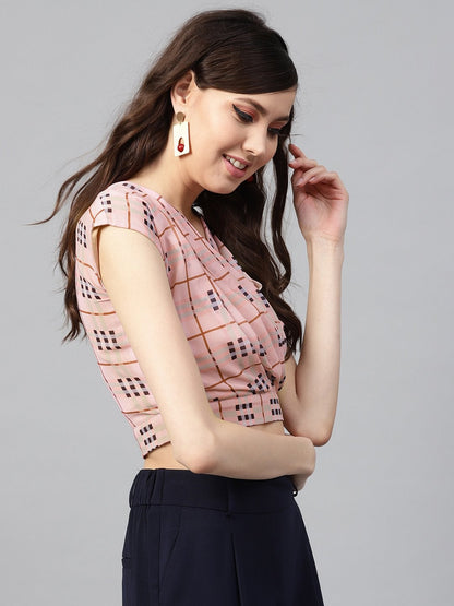 Women's Pink Check Pleated Front Crop Top