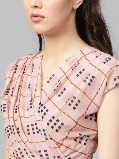Women's Pink Check Pleated Front Crop Top