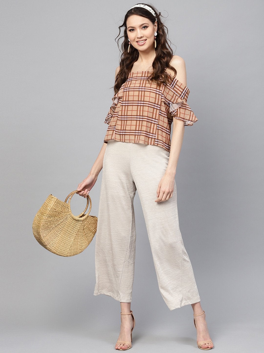 Women's Brown Check Strappy Top