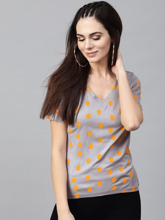 Women's Grey Yellow Polka V-Neck Tee