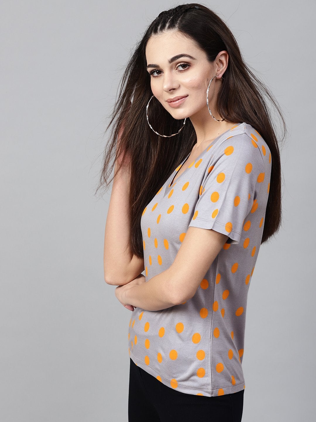 Women's Grey Yellow Polka V-Neck Tee