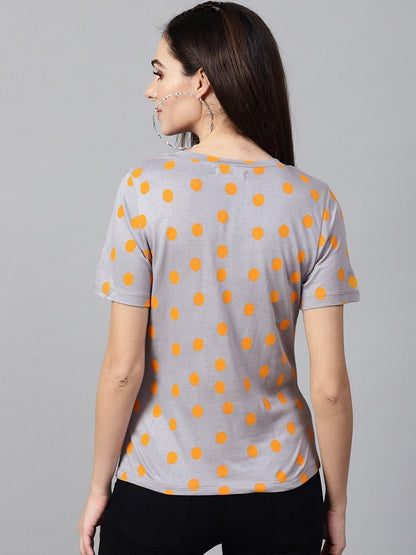 Women's Grey Yellow Polka V-Neck Tee