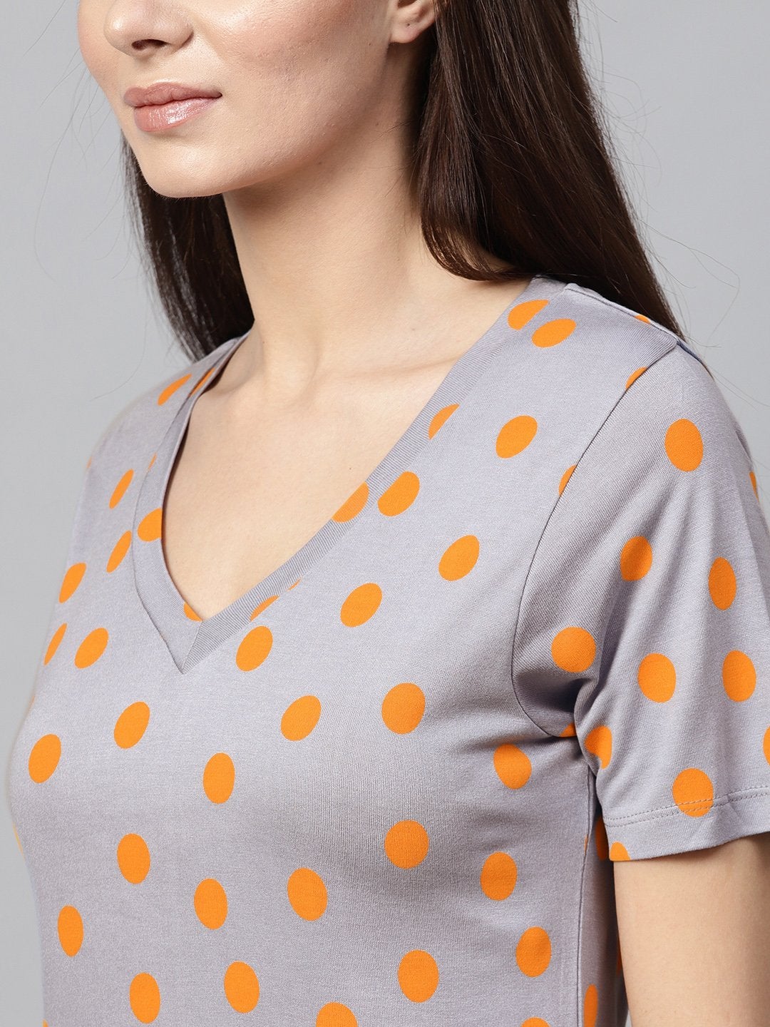 Women's Grey Yellow Polka V-Neck Tee