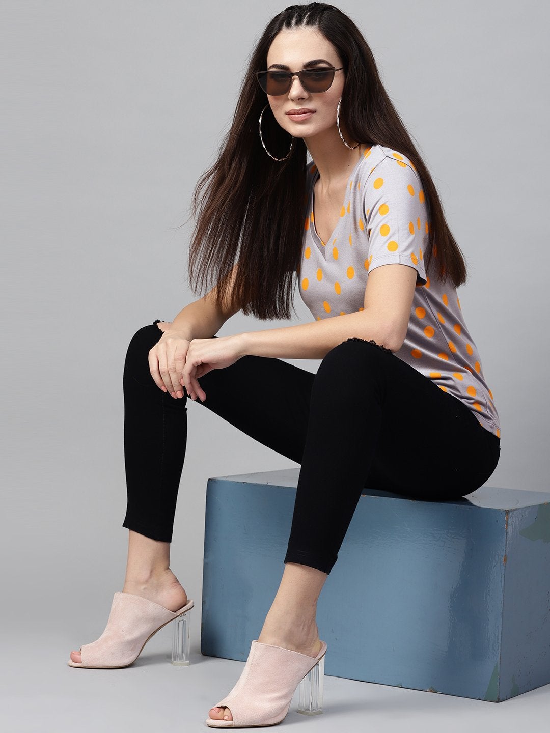 Women's Grey Yellow Polka V-Neck Tee