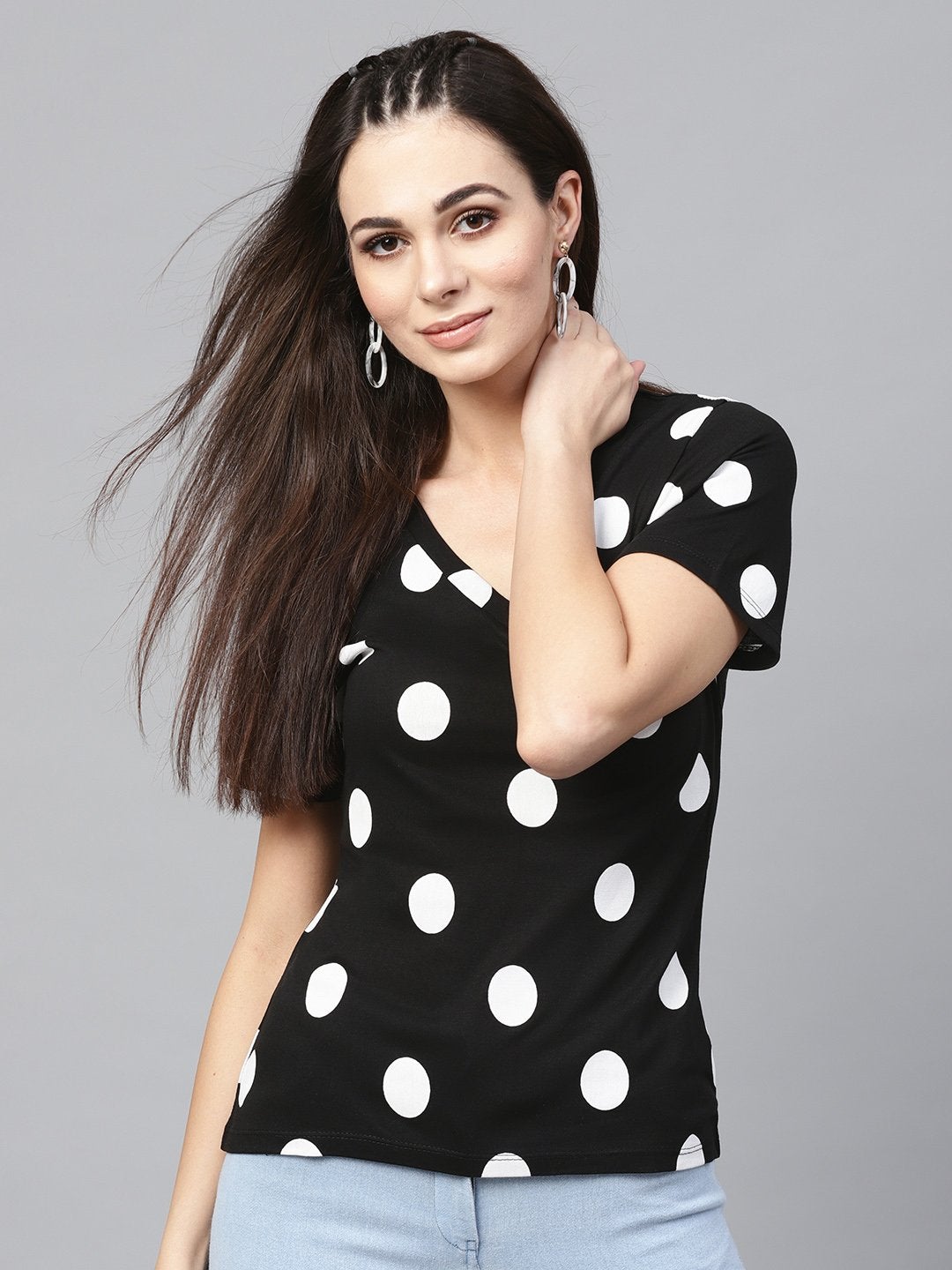Women's Black & White Polka V-Neck Tee