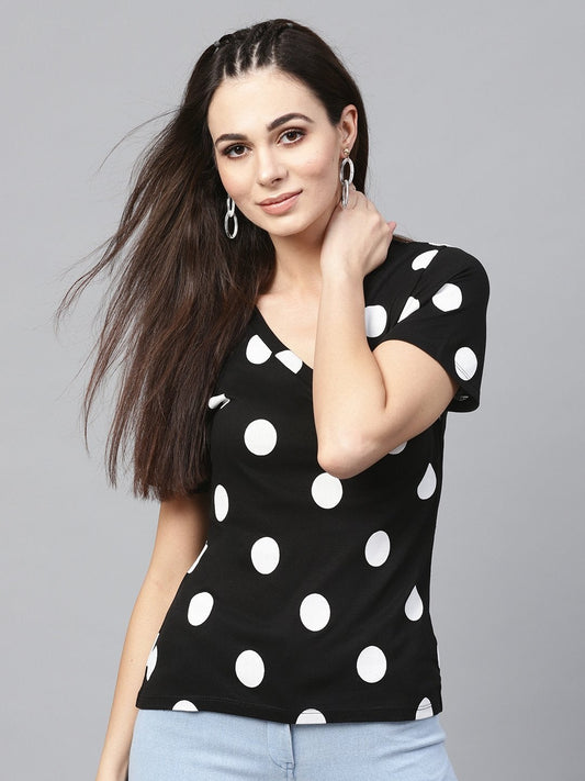 Women's Black & White Polka V-Neck Tee