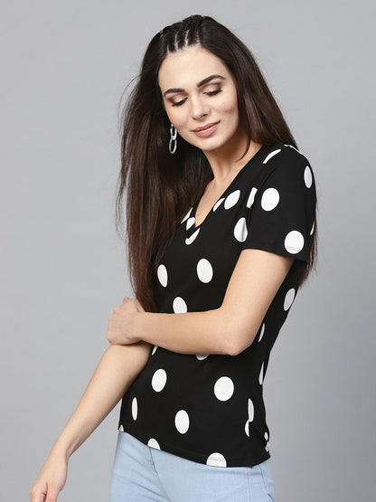Women's Black & White Polka V-Neck Tee