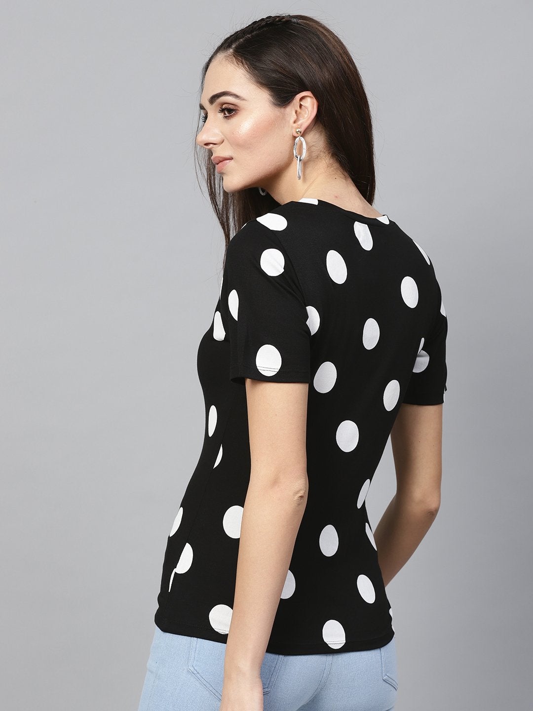 Women's Black & White Polka V-Neck Tee