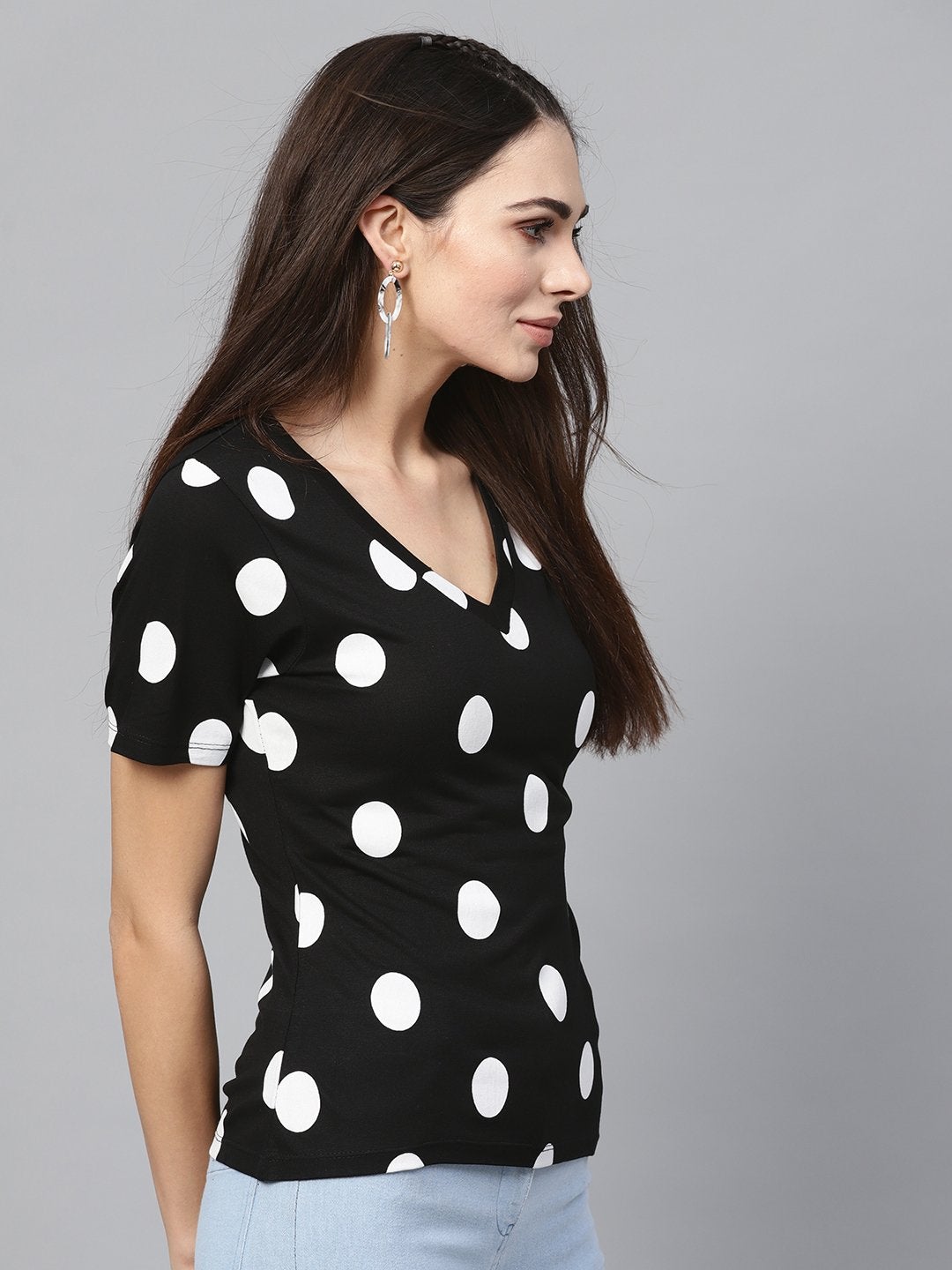 Women's Black & White Polka V-Neck Tee