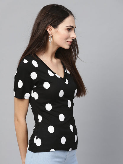 Women's Black & White Polka V-Neck Tee