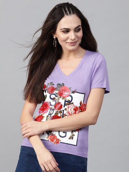 Women's Lavender Spring Floral Print V-Neck Tee