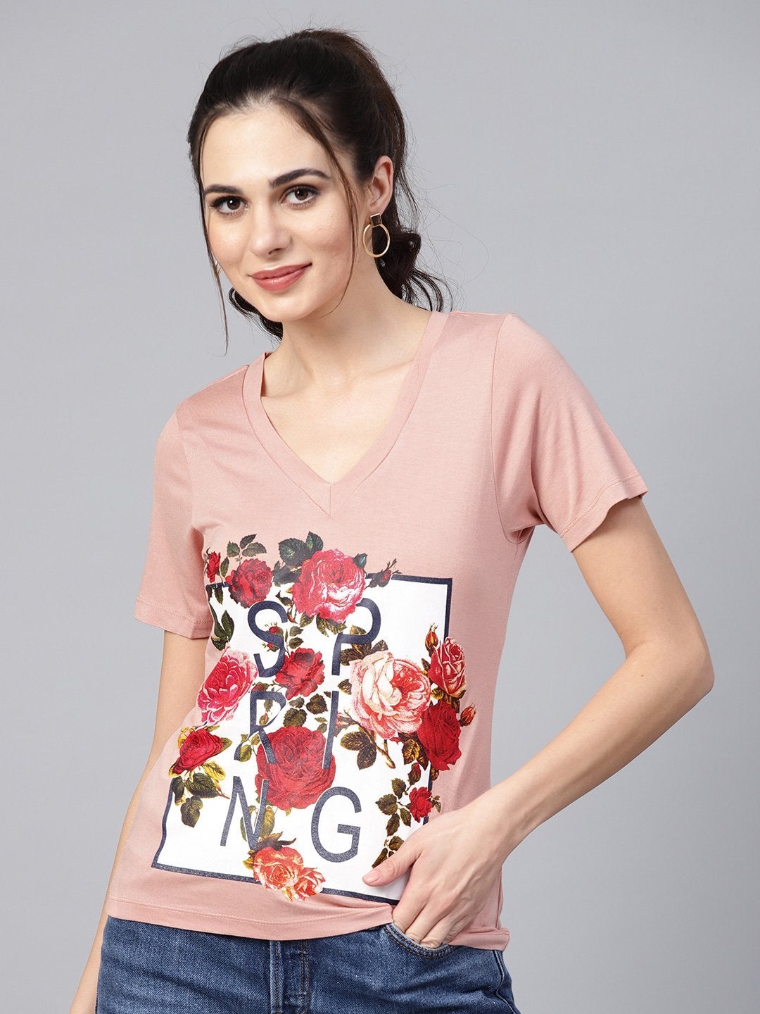 Women's Peach Spring Floral Print V-Neck Tee