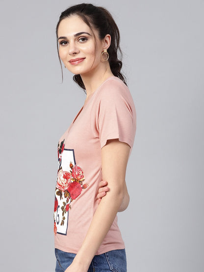 Women's Peach Spring Floral Print V-Neck Tee