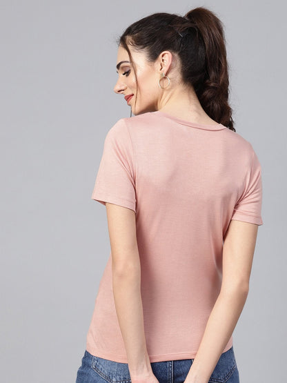 Women's Peach Spring Floral Print V-Neck Tee