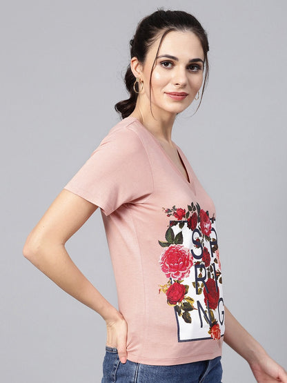 Women's Peach Spring Floral Print V-Neck Tee