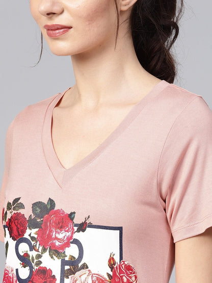 Women's Peach Spring Floral Print V-Neck Tee