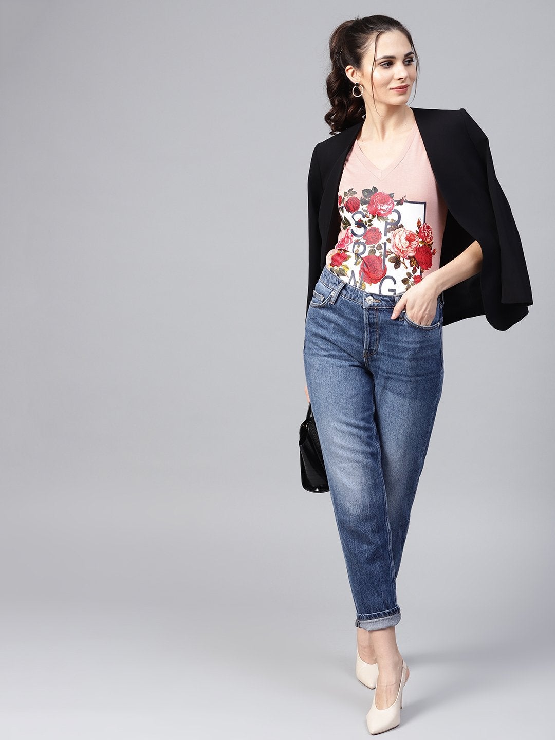 Women's Peach Spring Floral Print V-Neck Tee