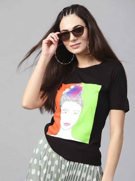 Women's Black Girl Face Round Neck Tee