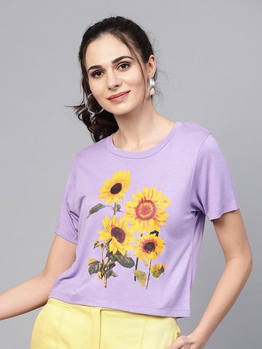 Women's Lavender Sunflower Print Crop Tee