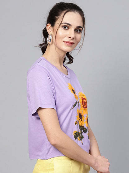 Women's Lavender Sunflower Print Crop Tee