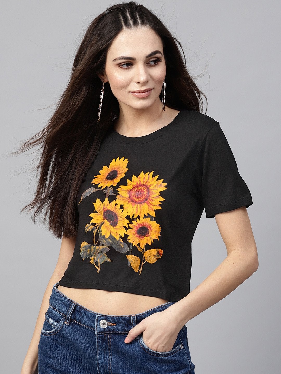 Women's Black Sunflower Print Crop Tee