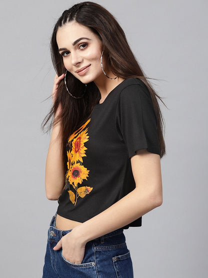 Women's Black Sunflower Print Crop Tee