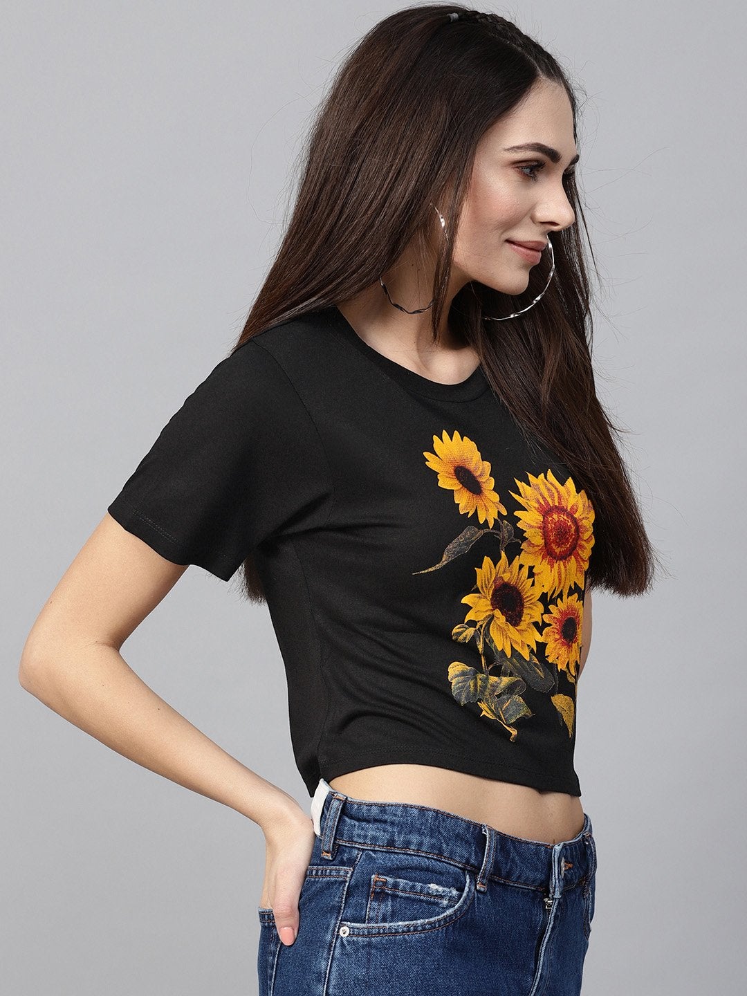 Women's Black Sunflower Print Crop Tee
