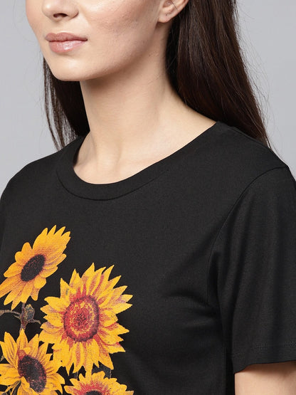 Women's Black Sunflower Print Crop Tee