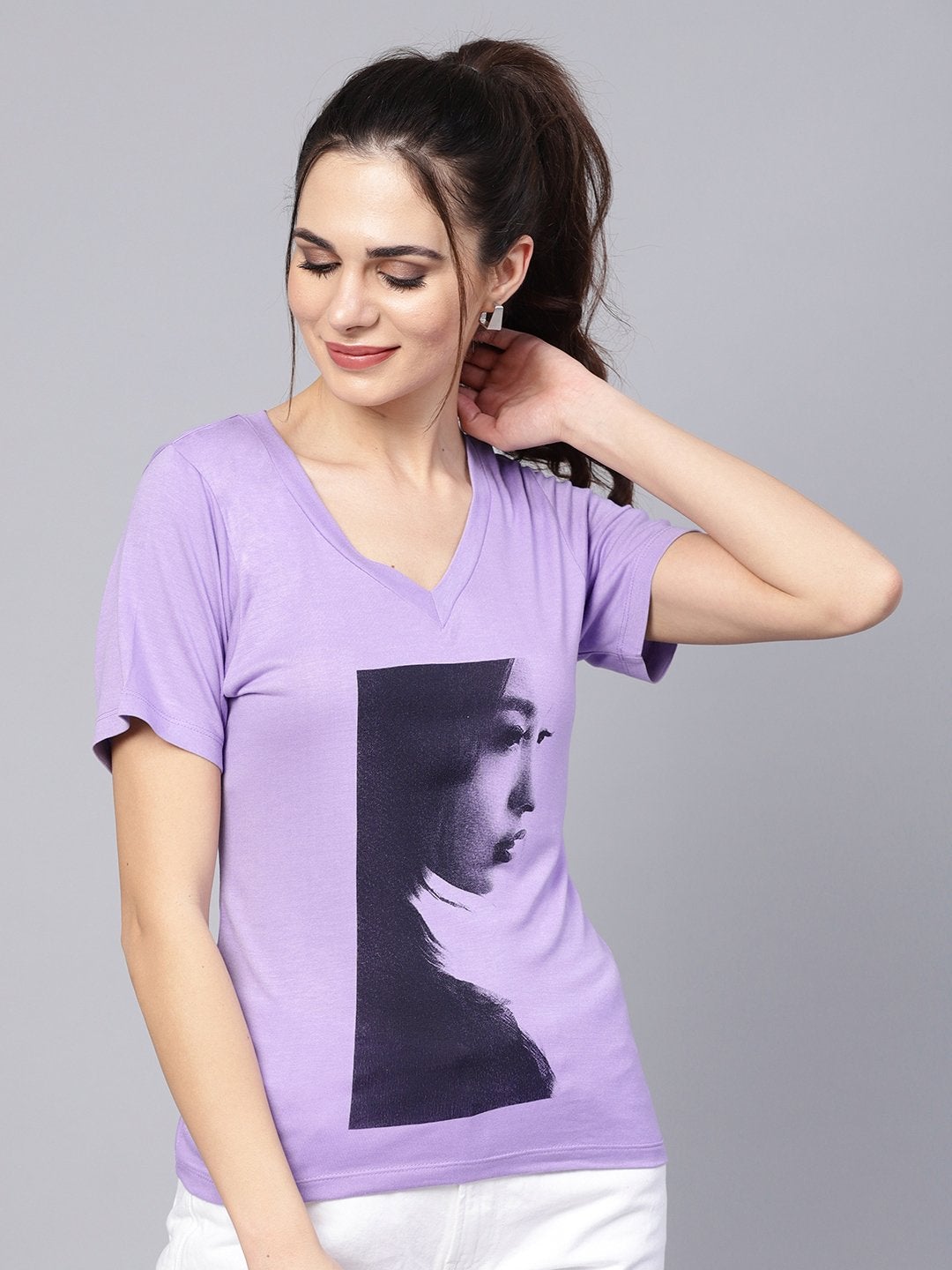 Women's Lavender Mono Girl Face V-Neck Tee