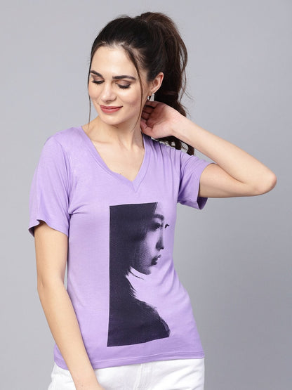Women's Lavender Mono Girl Face V-Neck Tee