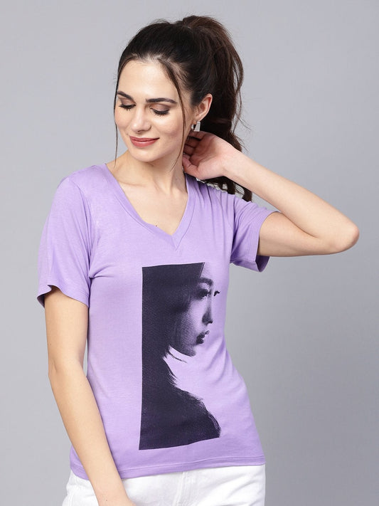 Women's Lavender Mono Girl Face V-Neck Tee