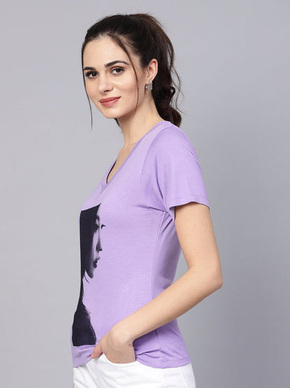 Women's Lavender Mono Girl Face V-Neck Tee