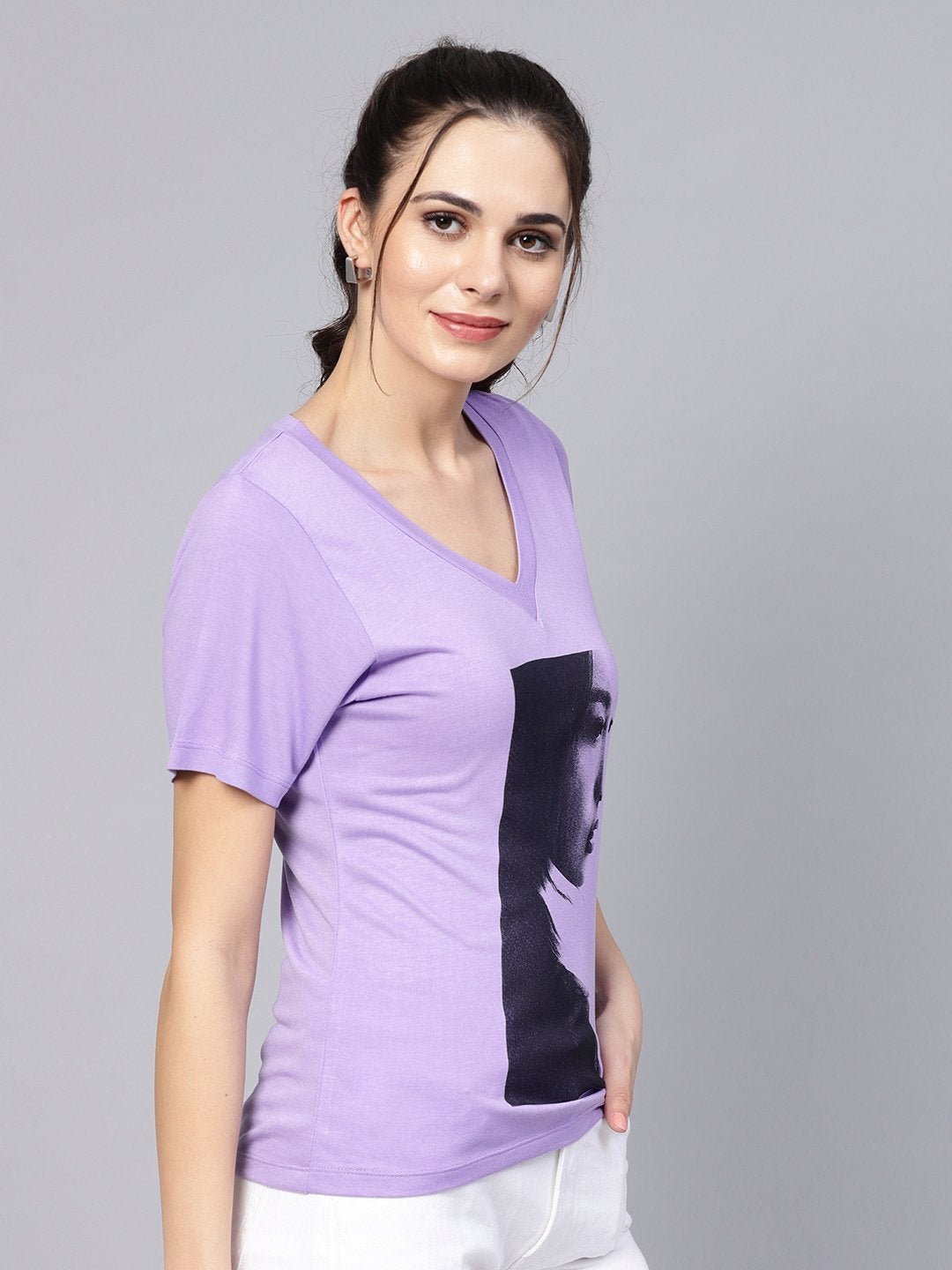 Women's Lavender Mono Girl Face V-Neck Tee