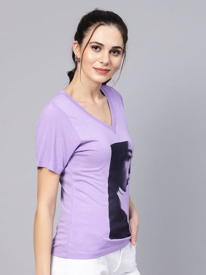 Women's Lavender Mono Girl Face V-Neck Tee