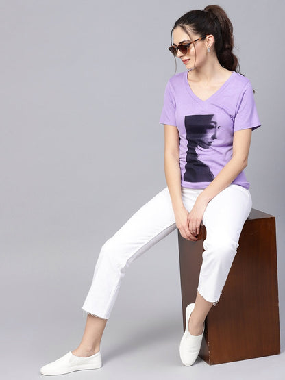 Women's Lavender Mono Girl Face V-Neck Tee