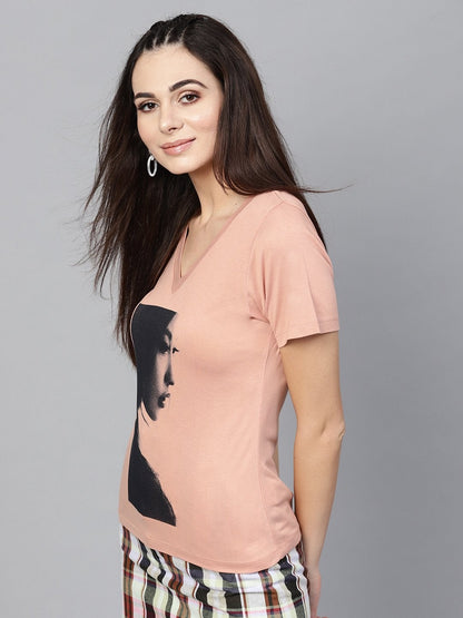 Women's Peach Mono Girl Face V-Neck Tee
