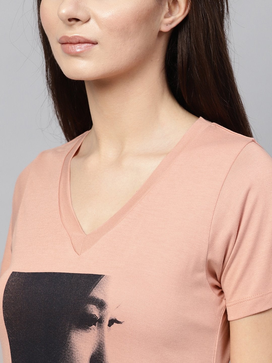Women's Peach Mono Girl Face V-Neck Tee