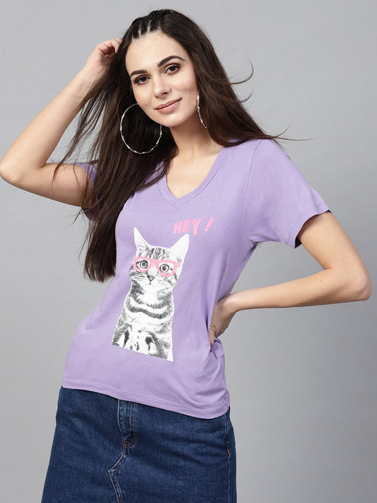 Women's Lavender Cat Print V-Neck Tee