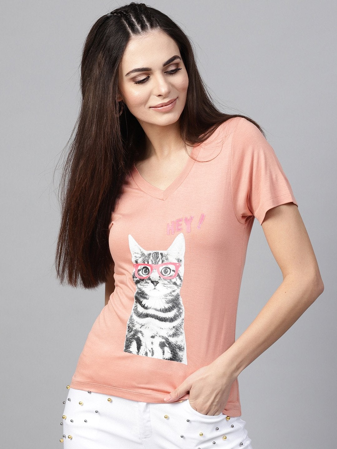 Women's Peach Cat Print V-Neck Tee