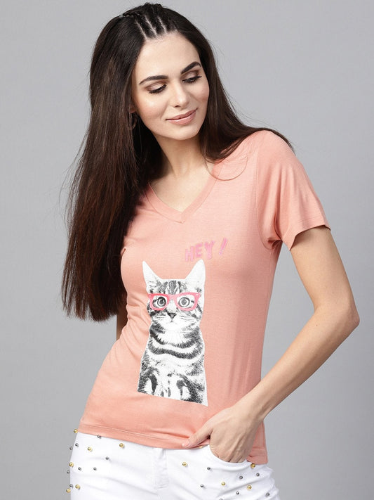 Women's Peach Cat Print V-Neck Tee