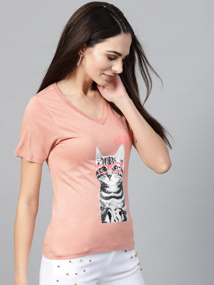 Women's Peach Cat Print V-Neck Tee