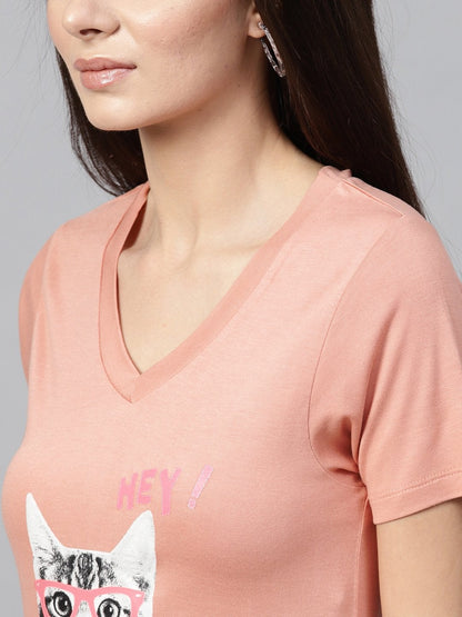Women's Peach Cat Print V-Neck Tee