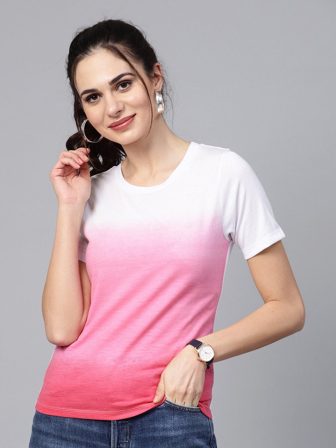 Women's Pink Ombre Round Neck Tee