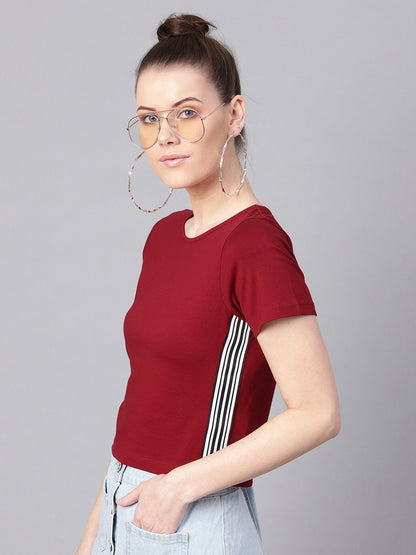 Women's Maroon Athleisure Tape Crop Top